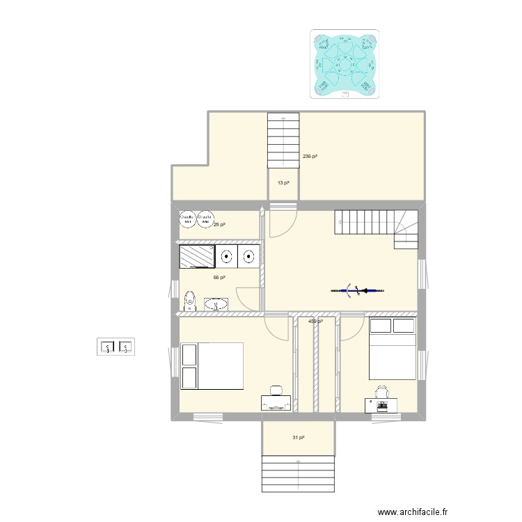 Fondations. Plan de 7 pièces et 82 m2