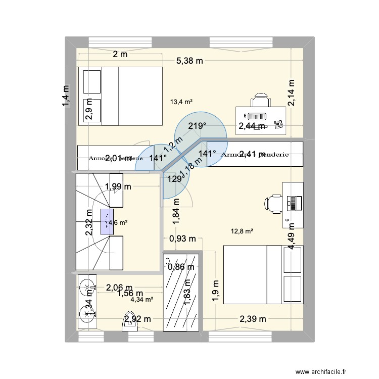 Nouveau plan étage 2 chambres. Plan de 4 pièces et 35 m2