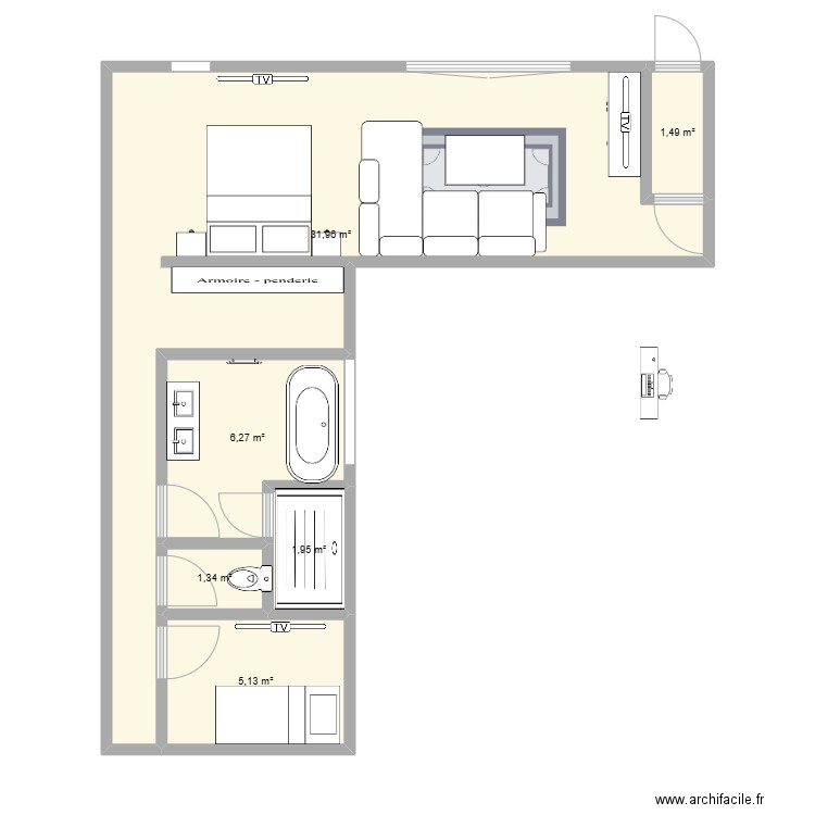 suite 5. Plan de 6 pièces et 48 m2
