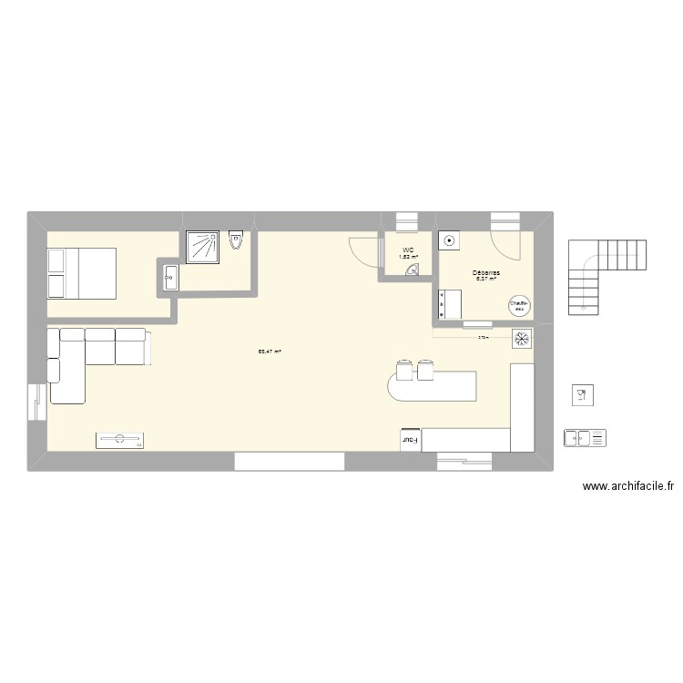 grange. Plan de 3 pièces et 76 m2