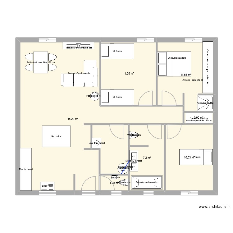 plan. Plan de 7 pièces et 89 m2