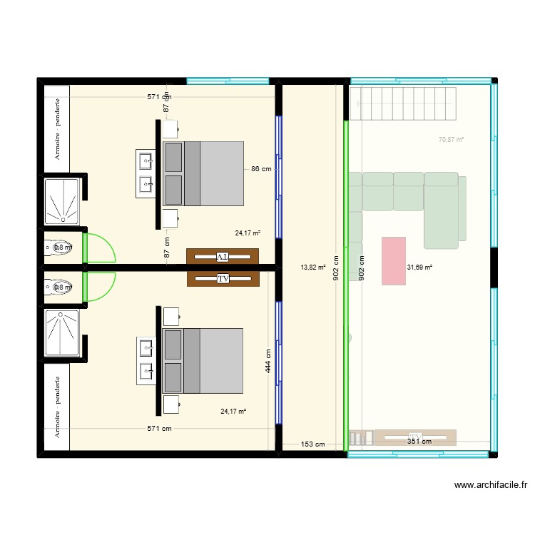 Maison duplex avec 01 chambre au R et 02 au R+1. Plan de 0 pièce et 0 m2