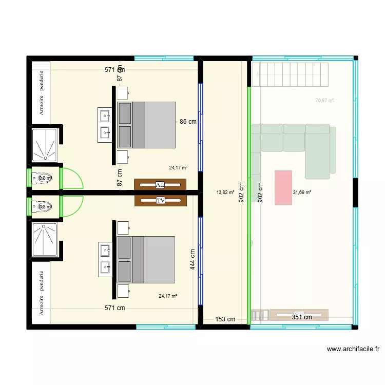 Maison duplex avec 01 chambre au R et 02 au R+1. Plan de 11 pièces et 305 m²