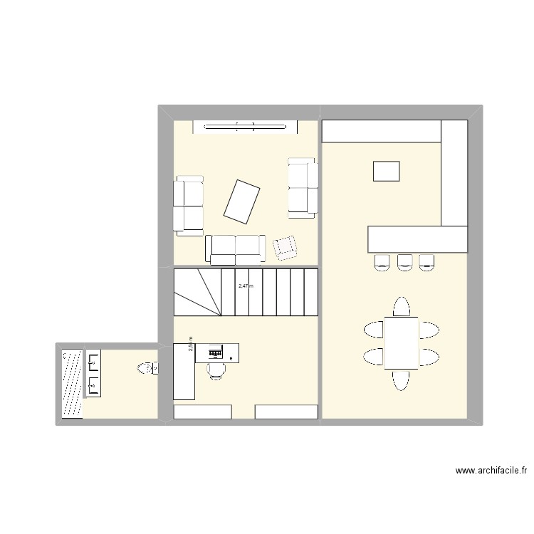 salon et salle de bain. Plan de 4 pièces et 27 m2