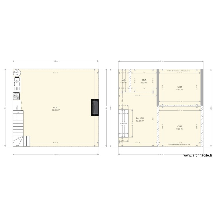 56 haut bas. Plan de 7 pièces et 76 m2