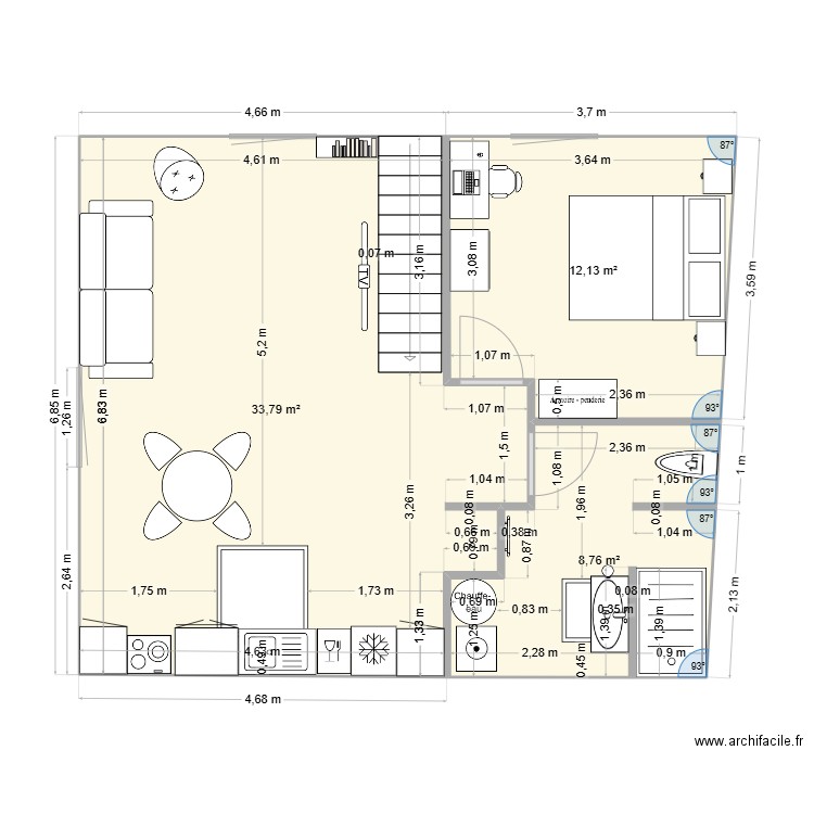 grange 1. Plan de 3 pièces et 55 m2