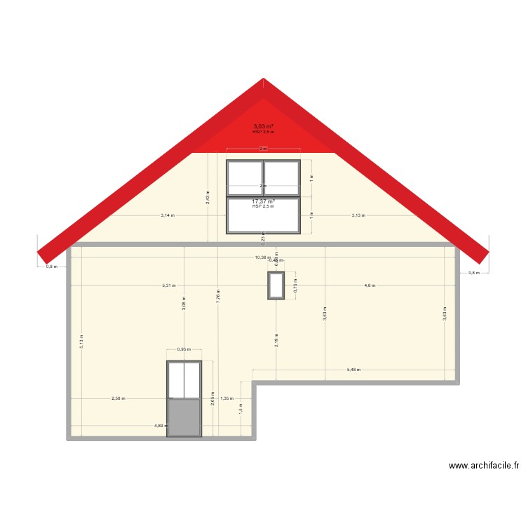 Façade EST cotations. Plan de 3 pièces et 65 m2