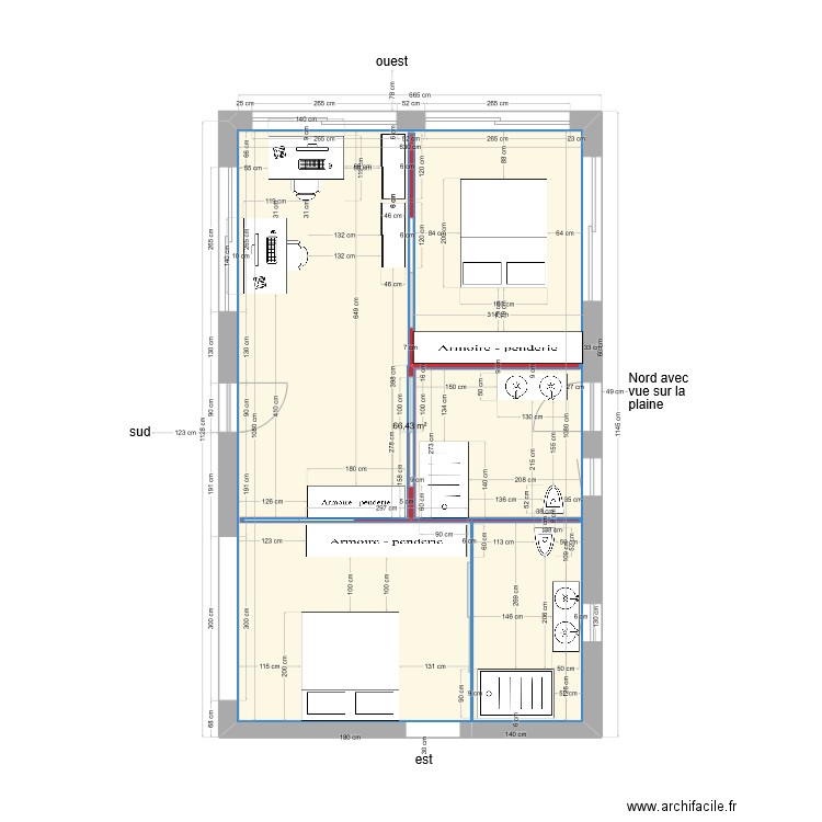 Plan Pinheira Grande rénov. projection chambres et bureau. Plan de 1 pièce et 66 m2