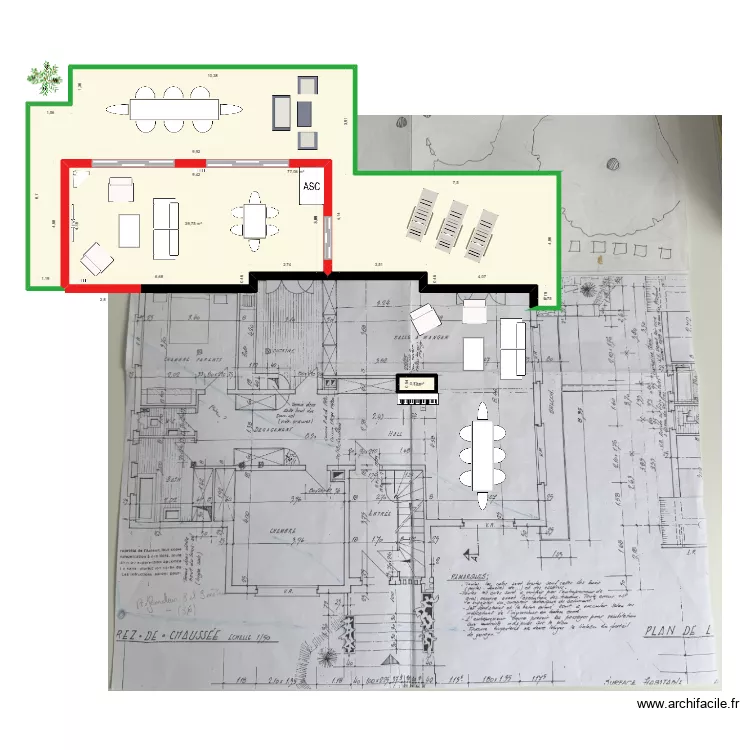 RDC. Plan de 3  et 126 m²