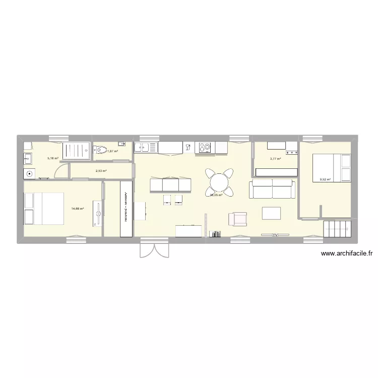 CHAMBRES DEUX COTES 2. Plan de 7  et 74 m²