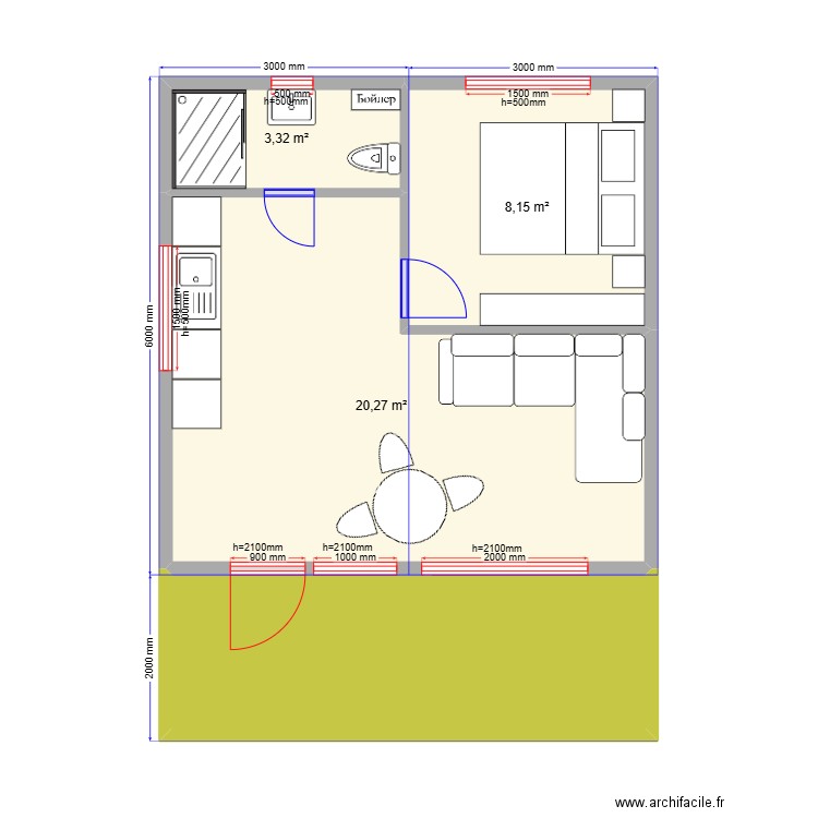 О2Б К. Plan de 4 pièces et 42 m2