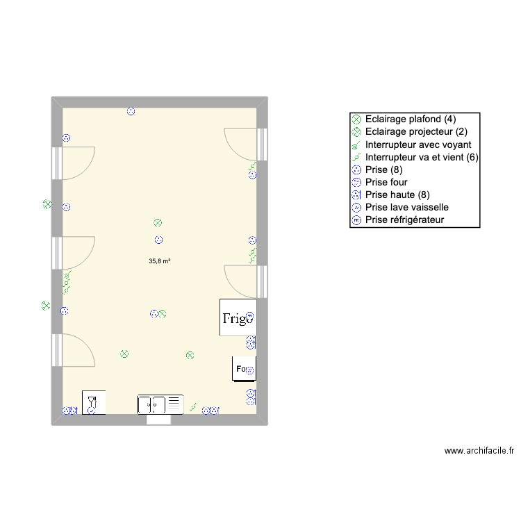cuisine test. Plan de 1 pièce et 36 m2