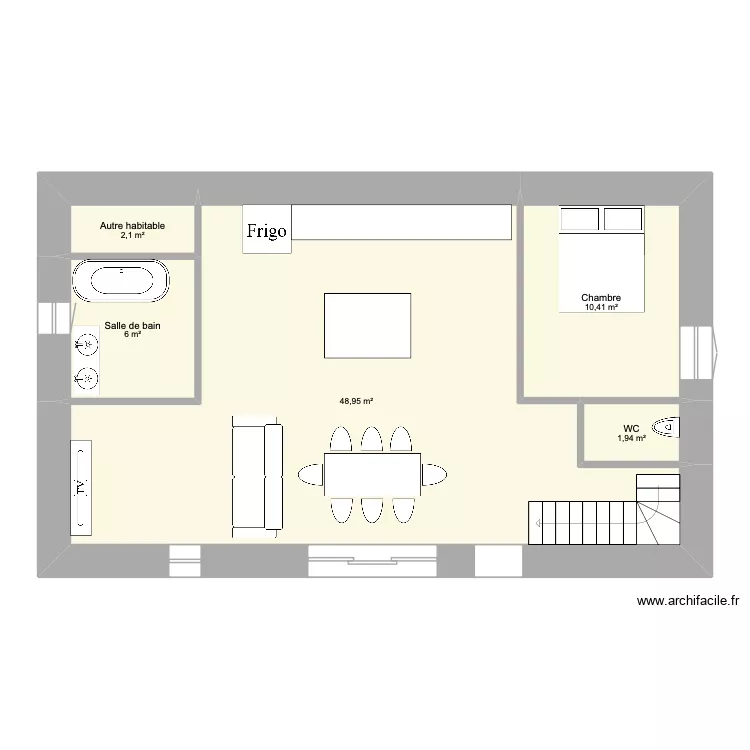 Grane simple sans agrandissement. Plan de 5 pièces et 69 m²