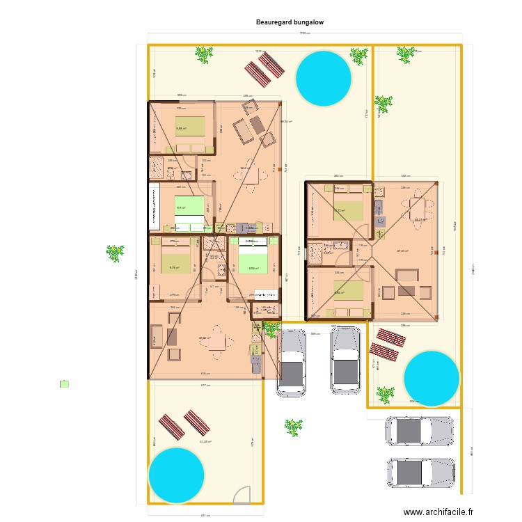 Beauregard bungalow 2.1. Plan de 16 pièces et 330 m2
