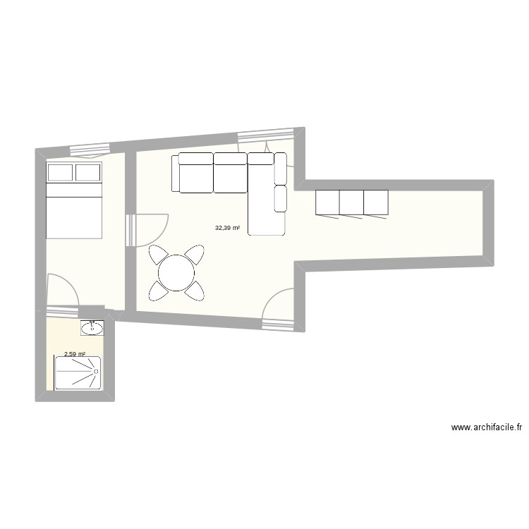 khadi. Plan de 2 pièces et 35 m2
