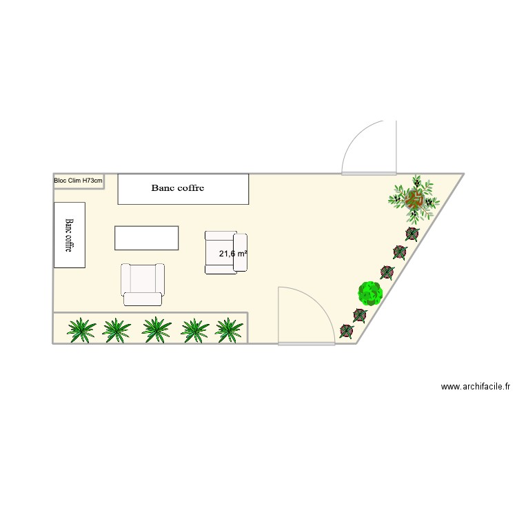 Terrasse avec clim coin G. Plan de 1 pièce et 22 m2