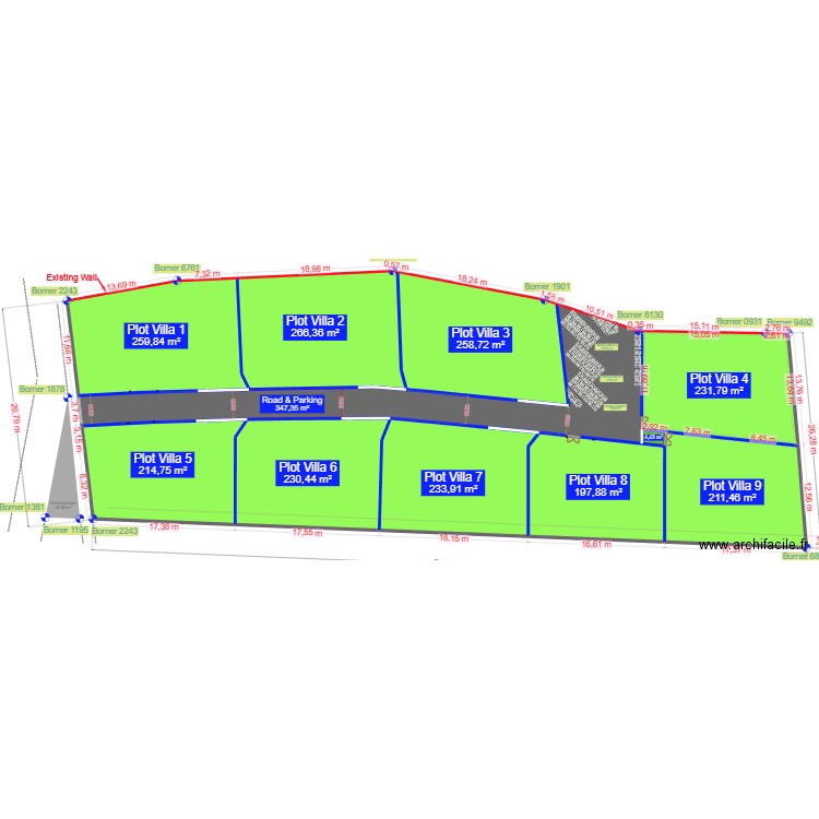 Parcelle exacte Version Parking. Plan de 11 pièces et 2457 m2