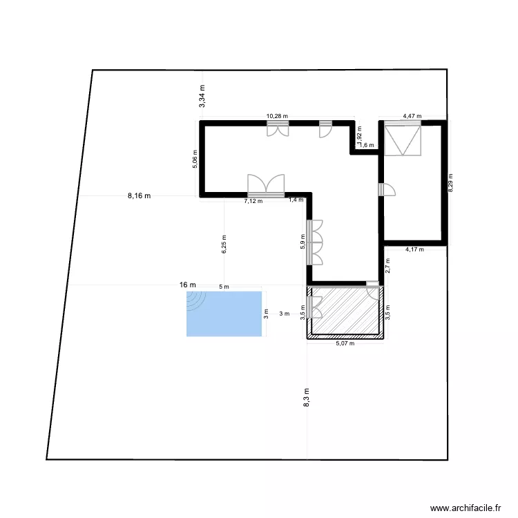 Plan de maison original + extension + piscine + Baie. Plan de 3  et 118 m²
