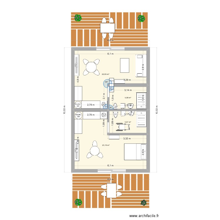Chambre. Plan de 4 pièces et 58 m2