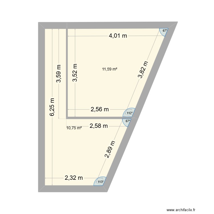 chambre. Plan de 2 pièces et 22 m2