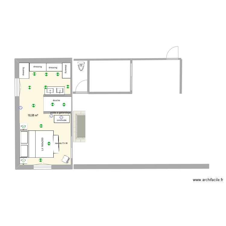 chambre parentale bis. Plan de 1 pièce et 18 m2