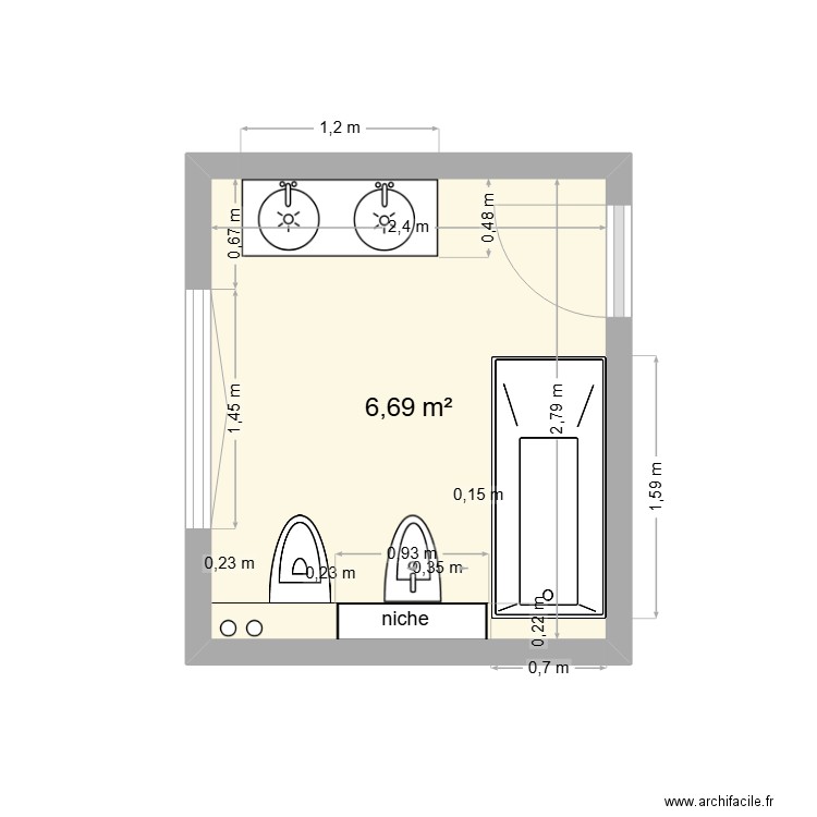 salle de bain première étage. Plan de 1 pièce et 7 m2