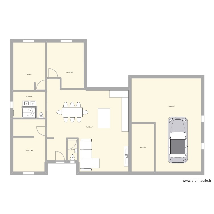 Maison L 100+40 juste. Plan de 8 pièces et 141 m2