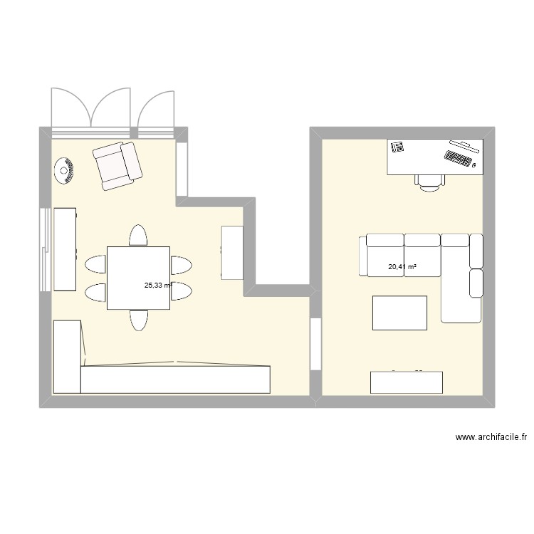 RDC. Plan de 2 pièces et 46 m2