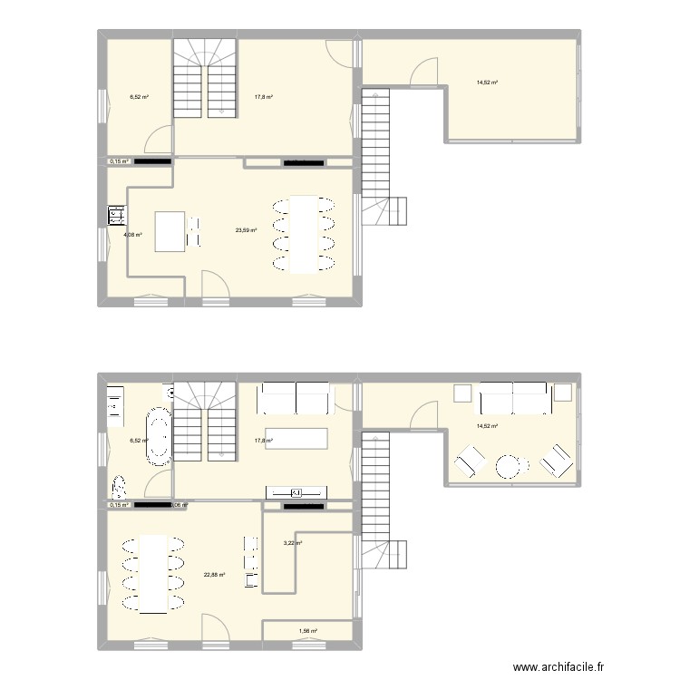 RDC. Plan de 20 pièces et 135 m2