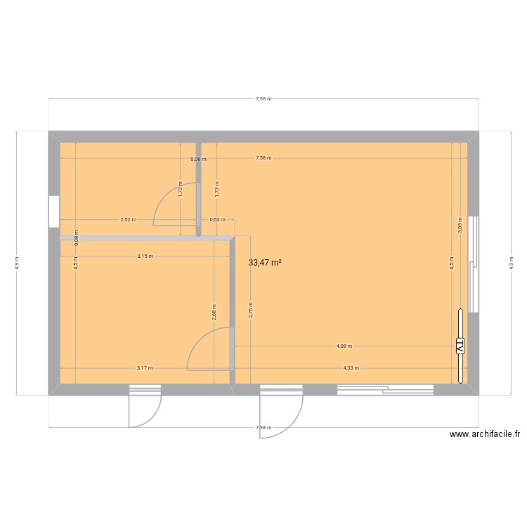 Studio de jardin cote piece. Plan de 1 pièce et 33 m2