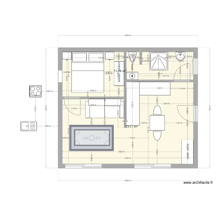 Studio de jardin cote piece. Plan de 2 pièces et 34 m²
