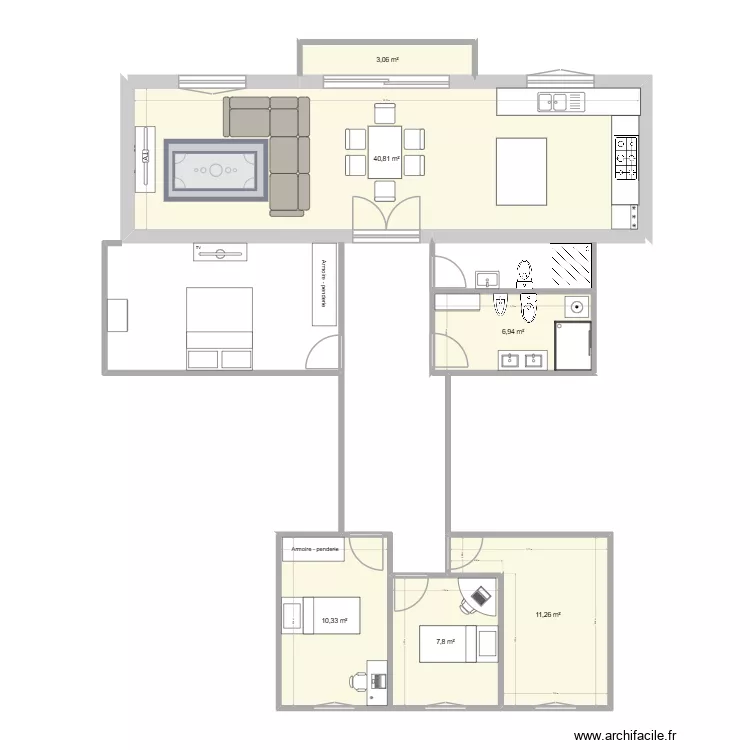 Partie jour/Partie nuit. Plan de 6  et 80 m²