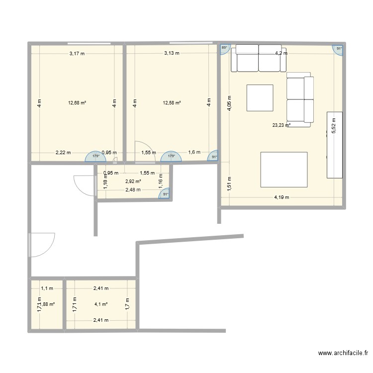 Appart. Plan de 6 pièces et 57 m2