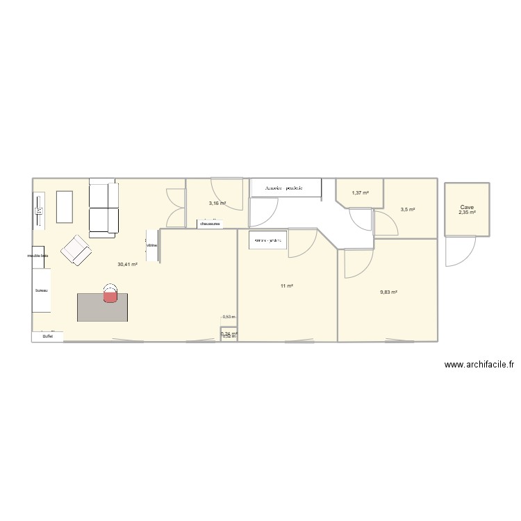 appart refait. Plan de 8 pièces et 62 m2