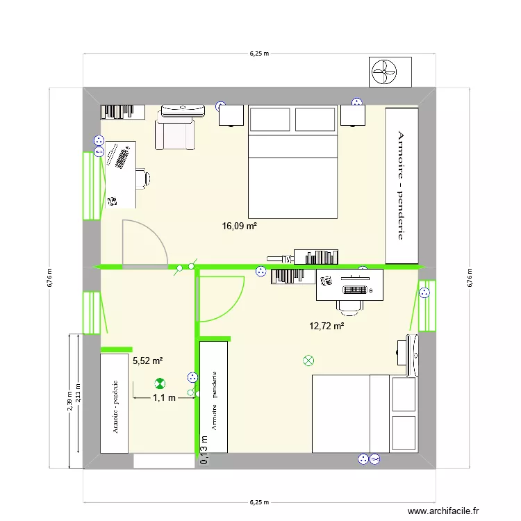 PlanChambresP&C+Lucas_AvecMeubles_avril2026. Plan de 3  et 34 m²