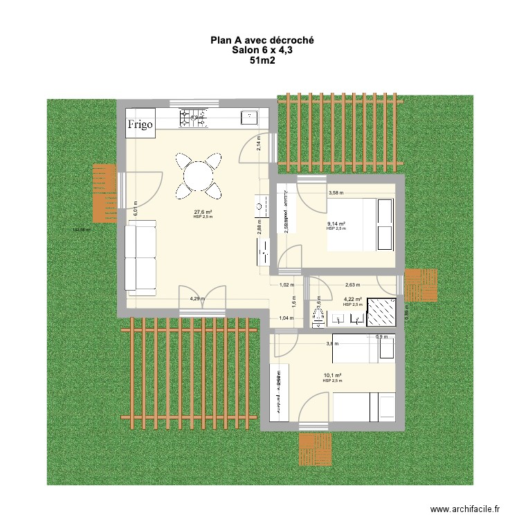 Plan A avec décroché Salon 6 x 4,3 - 51m2. Plan de 4 pièces et 51 m2