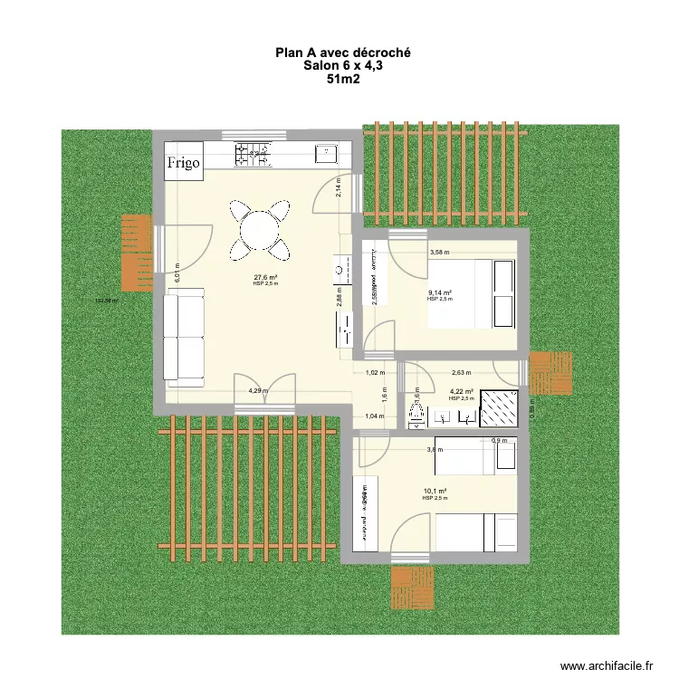 Plan A avec décroché Salon 6 x 4,3 - 51m2. Plan de 4 pièces et 51 m² Plan A avec décroché Salon 6 x 4,3 - 51m2. Plan de 4 pièces et 51 m²