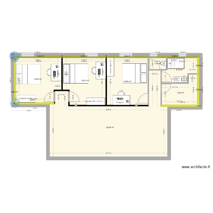 FILLES2. Plan de 15 pièces et 93 m2