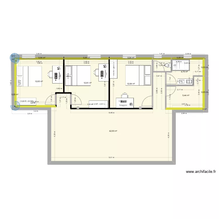 FILLES2. Plan de 15 pièces et 93 m²