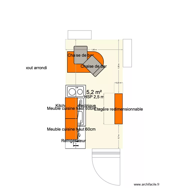 cuisine. Plan de 1  et 5 m²
