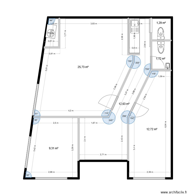 local pro. Plan de 6 pièces et 63 m2