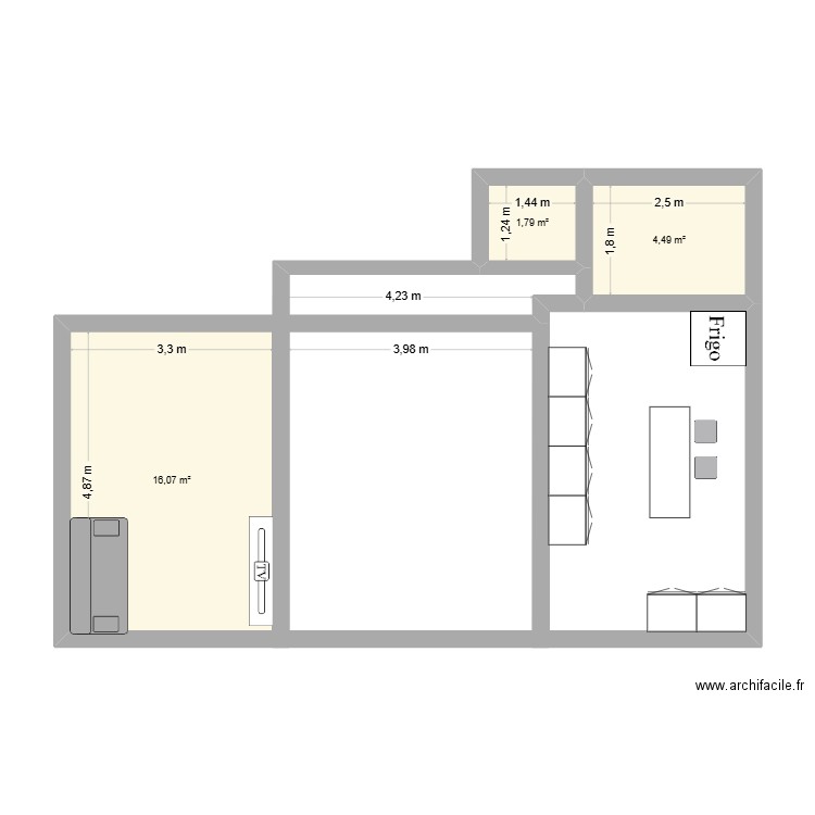 Plan RDC1. Plan de 3 pièces et 22 m2