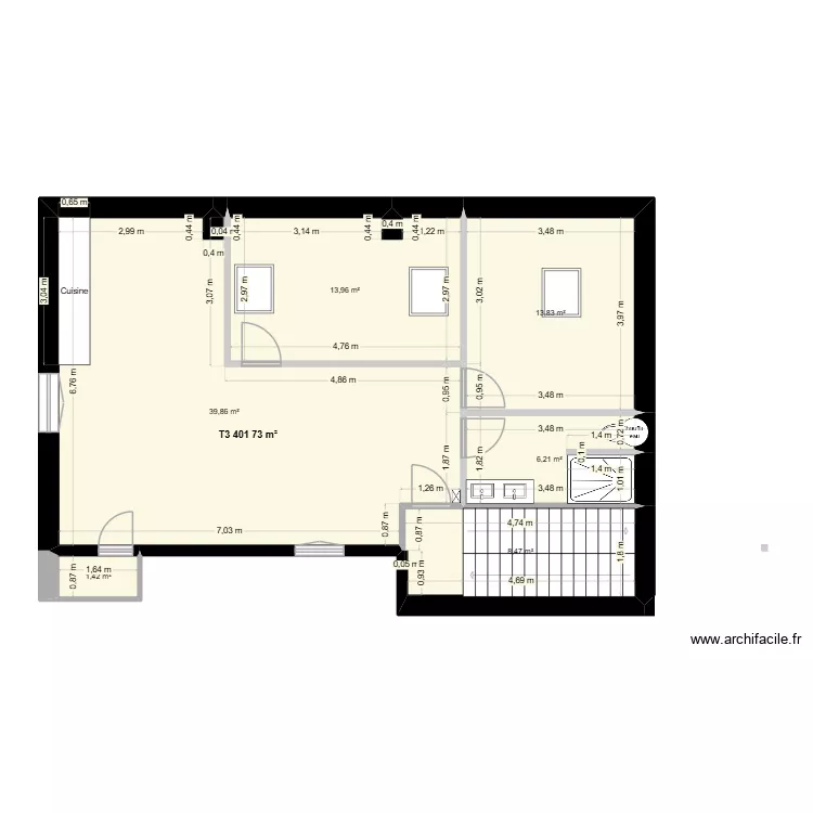 Libert&eacute; &eacute;tage 4 version grandes chambres. Plan de 6 pièces et 84 m²