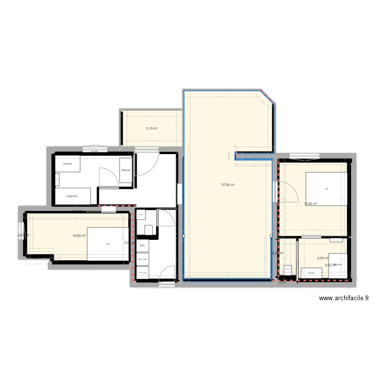 Maison. Plan de 13 pièces et 35 m2