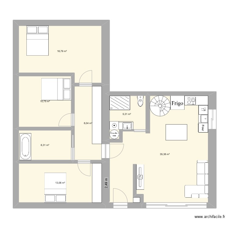 Plan extension RDC. Plan de 7 pièces et 96 m2
