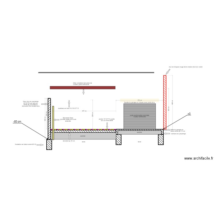 vue de face du garage avec le mur et la toiture 1. Plan de 0 pièce et 0 m2