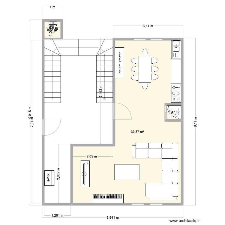 RDC. Plan de 3 pièces et 31 m2
