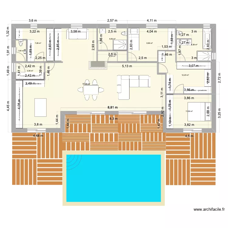 Plan final avec pisine. Plan de 10  et 124 m²