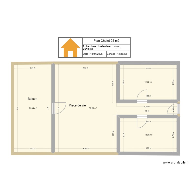 Plan Chalet 98 m2 LUNA IE intérieur. Plan de 6 pièces et 175 m2