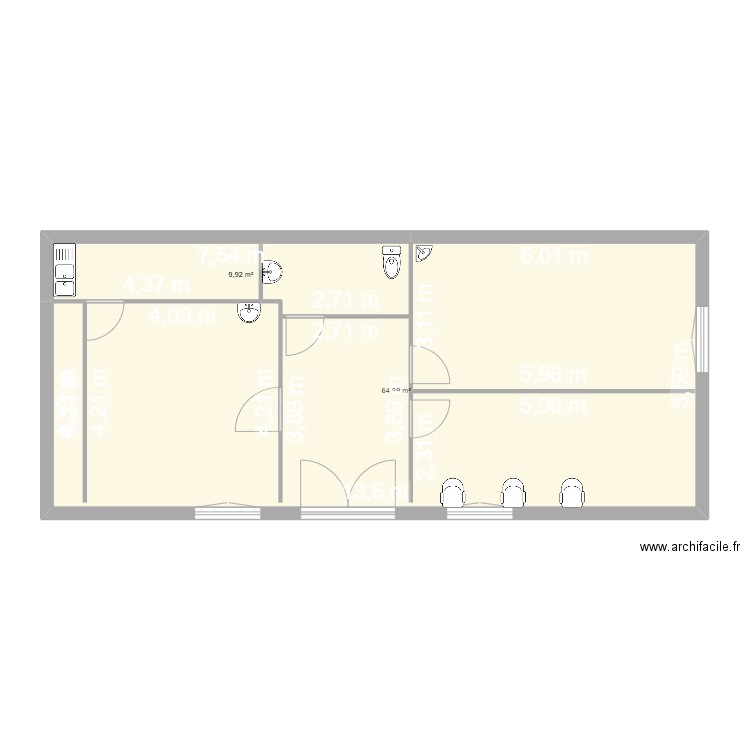 Les Eduens. Plan de 2 pièces et 75 m2